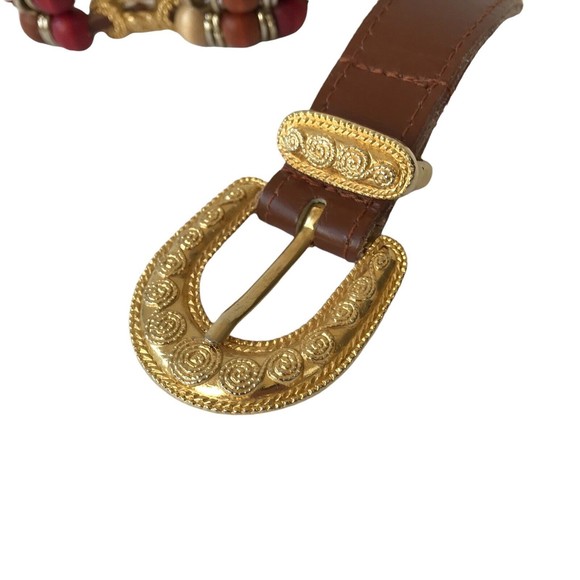 Express Women Brown Belt Size M Wood Beads Buckle Genuine Leather Boho bohemian - Picture 3 of 8